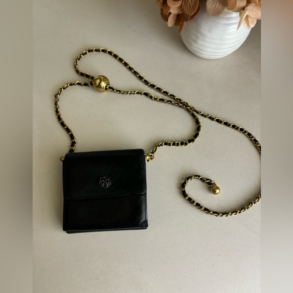 Chanel Camelia  Black VTG  Mini Trifold Wallet On A Chain Gold Adjustable Chain - Picture 2 of 13